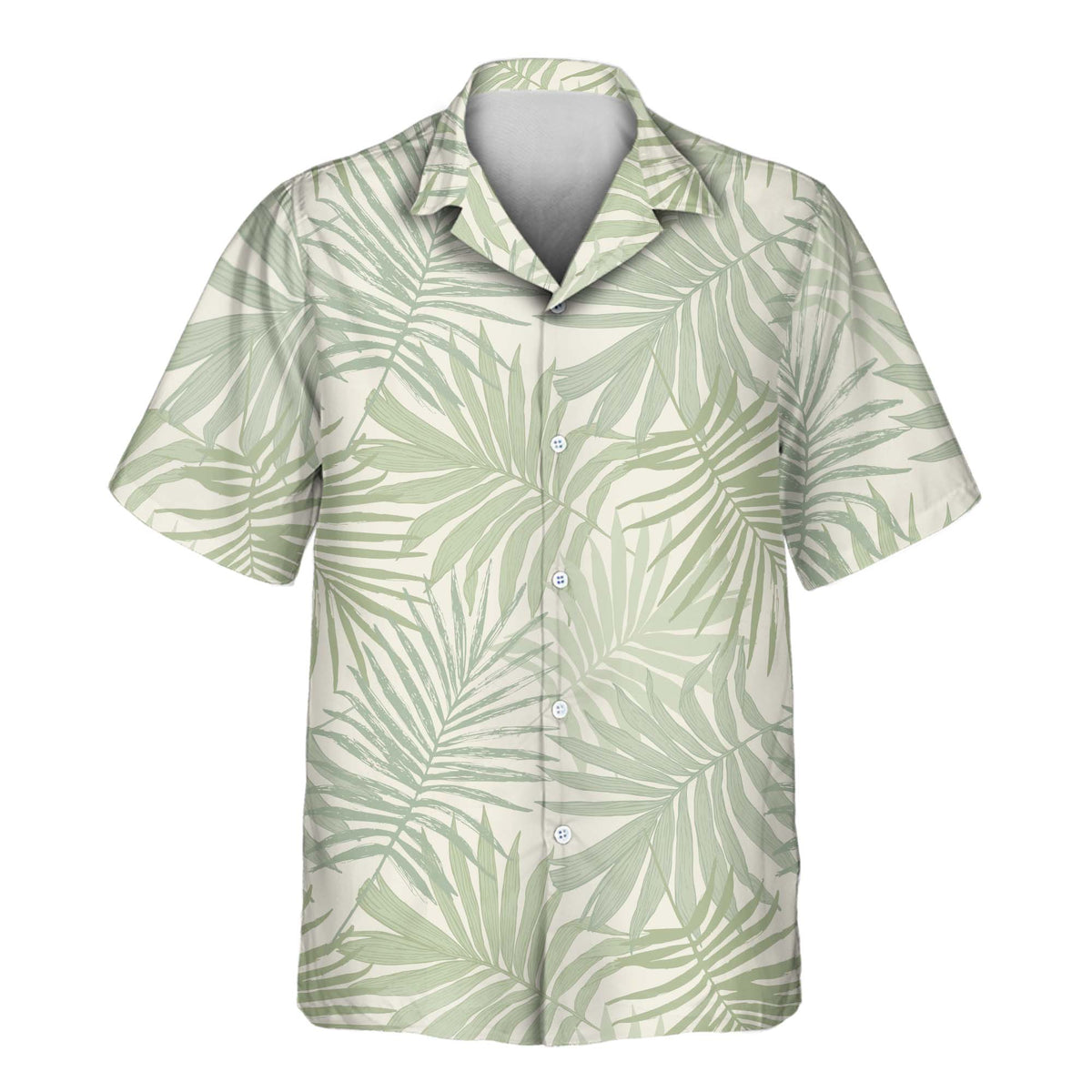 Custom Hawaiian shirt with minimalist tropical palm foliage in muted green and cream tones, customizable with your company, team, or event logo.