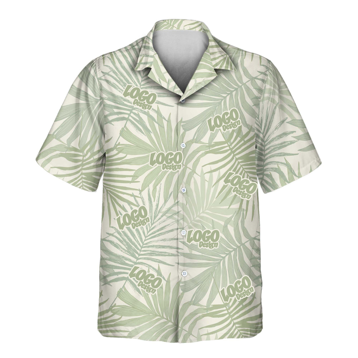 Tropical Leaf Dreams custom Aloha shirt featuring oversized sage green palm leaves on a soft ivory background for a clean, relaxed tropical look.