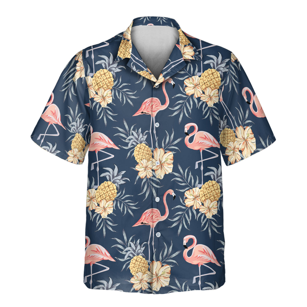 Custom Hawaiian shirt with playful pink flamingos, pineapples, tropical flowers, and leafy accents on a deep navy background, customizable with your company or team logo.