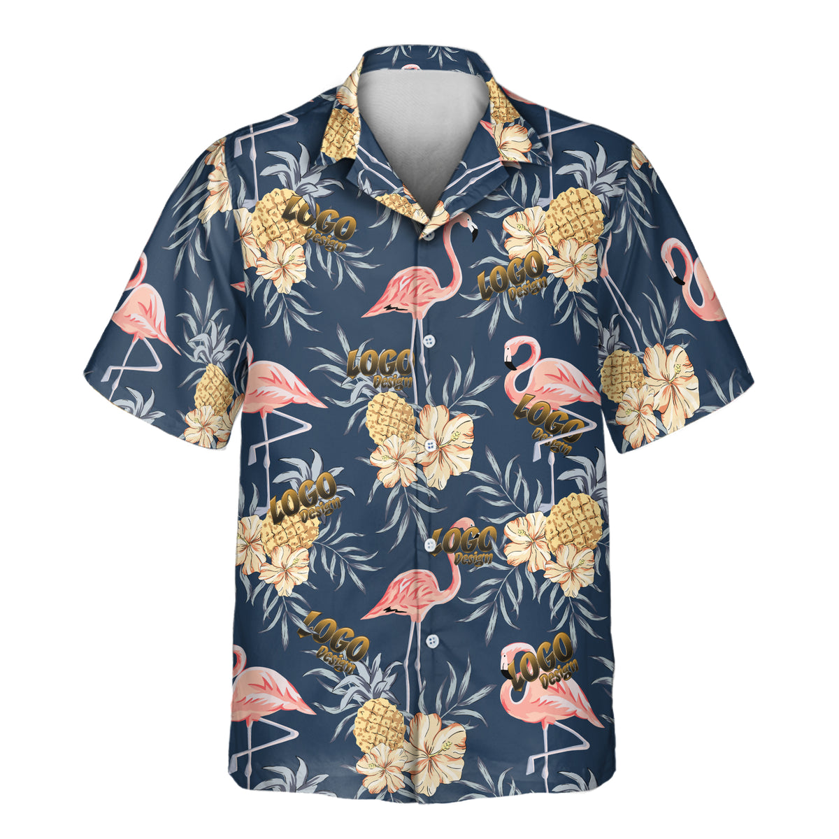 Flamingo & Pineapple Paradise custom Aloha shirt featuring pink flamingos, golden pineapples, cream hibiscus flowers, and tropical foliage on a navy blue background.