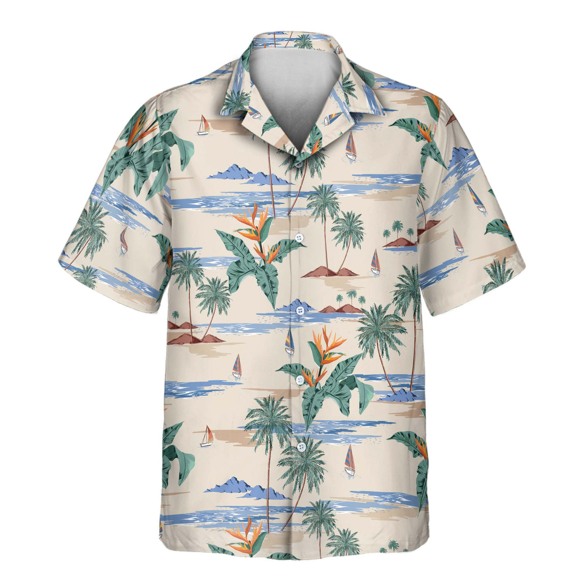 Custom Hawaiian shirt with vintage-inspired tropical islands, swaying palms, colorful sailboats, coastal scenery, and exotic flowers on a soft beige background.