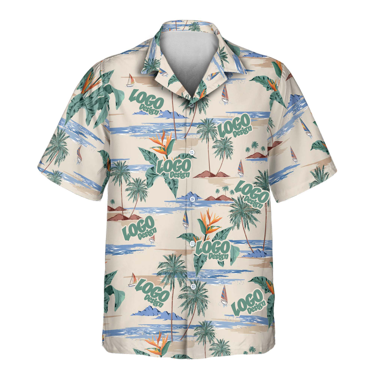 Tropical Island Paradise custom Aloha shirt featuring palm trees, sailboats, ocean waves, bird-of-paradise flowers, and island scenery on a warm cream background