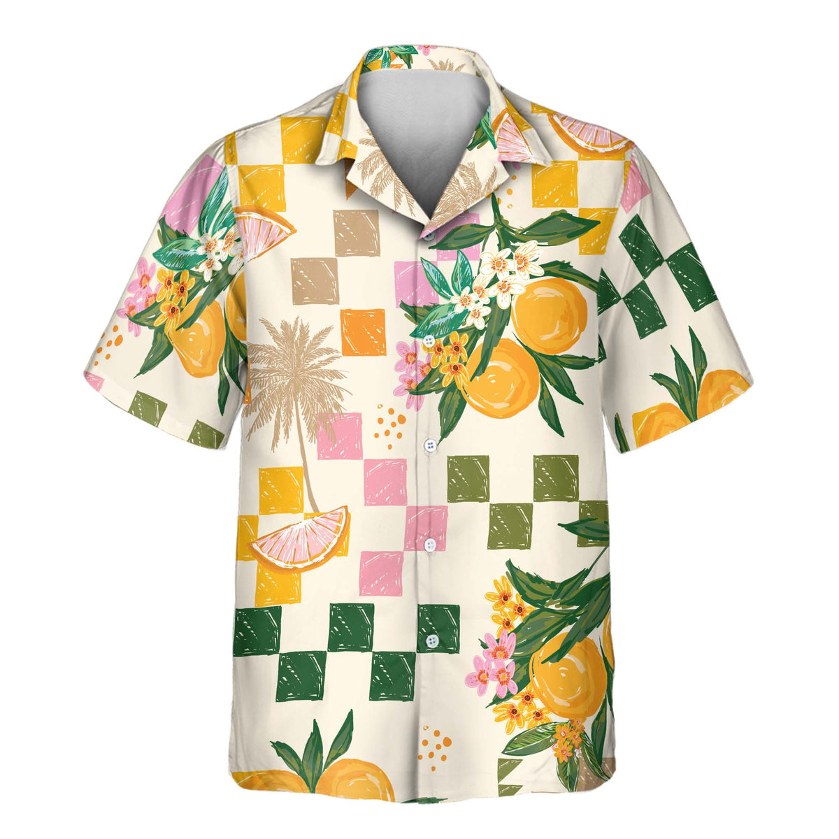Custom Hawaiian shirt with vibrant citrus fruits, tropical flowers, palm details, and retro checkerboard patterns in yellow, green, and pink on a soft ivory background.