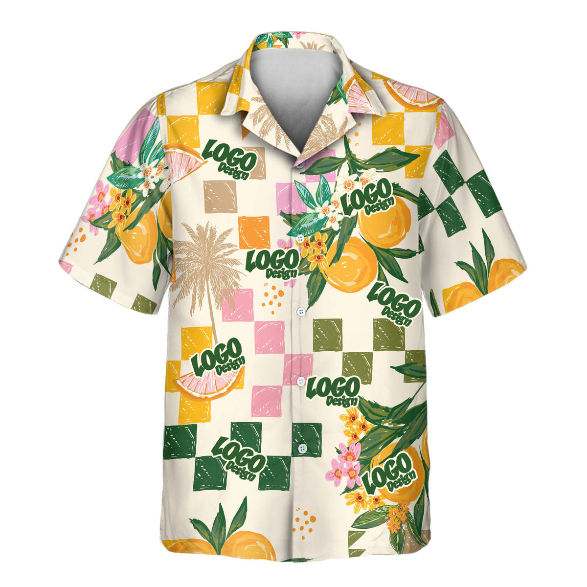 Citrus Splash custom Aloha shirt featuring bright oranges, citrus slices, colorful blossoms, green leaves, and playful geometric accents on a cream background.