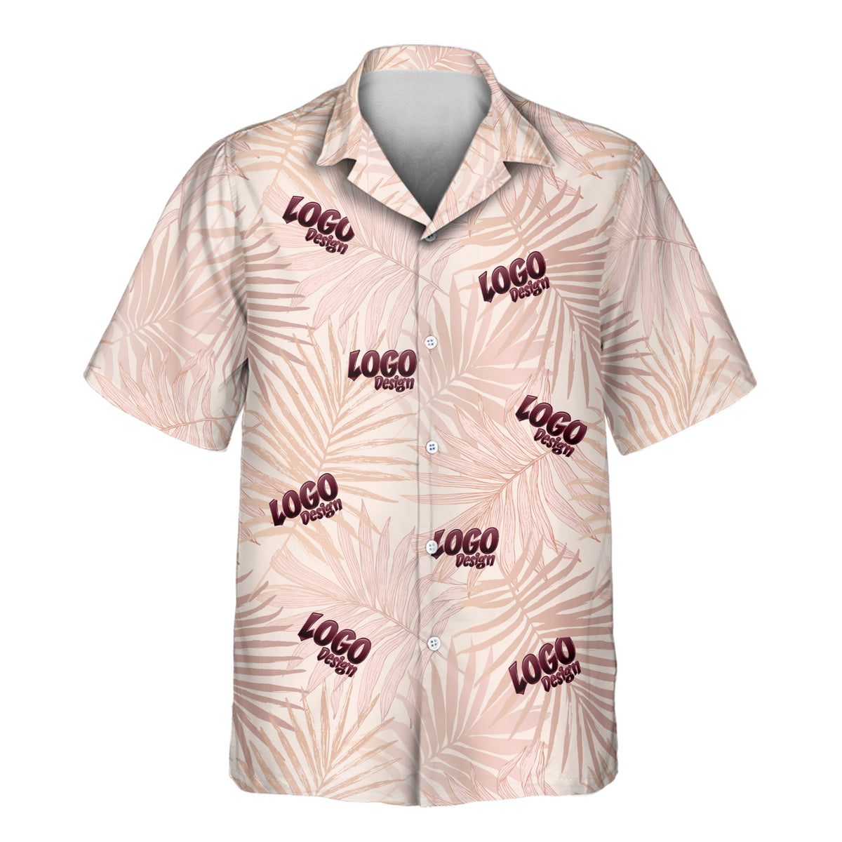 Blush Tropics custom Aloha shirts with logos featuring oversized tropical leaves in soft blush, cream, and beige tones for a refined island look.
