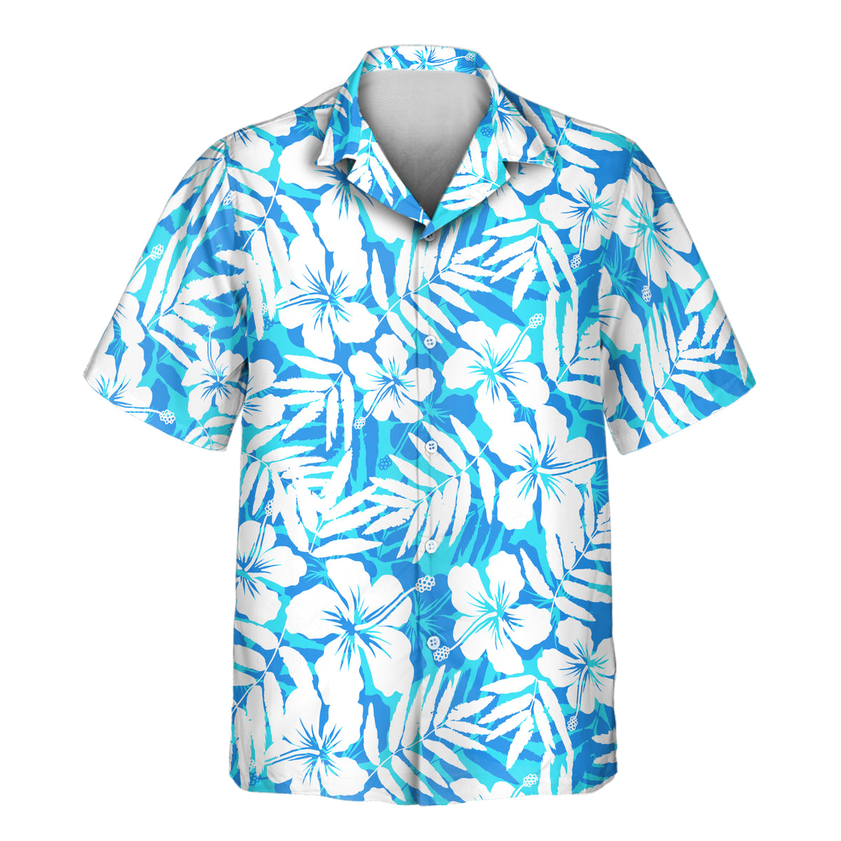 Blue Hibiscus Breeze custom Aloha shirt featuring white hibiscus flowers and tropical leaves in vibrant blue and aqua tones.