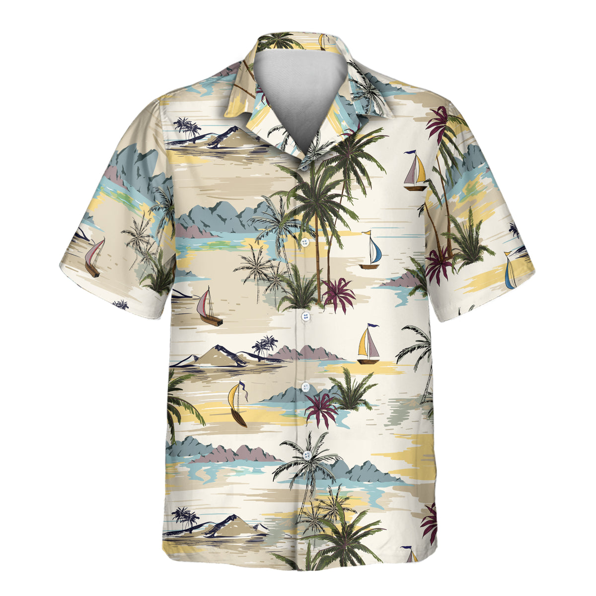 Custom Hawaiian shirt with serene island scenery, swaying palms, colorful sailboats, and coastal landscapes in muted blue, yellow, and green tones.