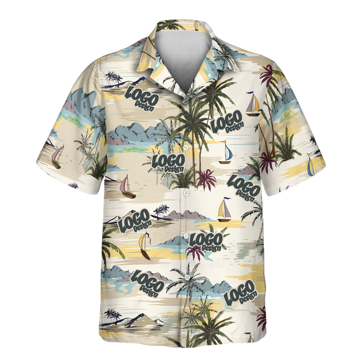 Tranquil Island custom Aloha shirt featuring palm trees, sailboats, peaceful ocean views, and distant tropical islands in soft vintage tones on a cream background.