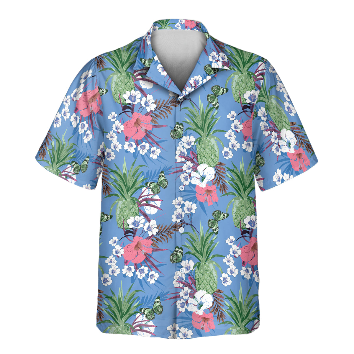 Custom Hawaiian shirt with tropical pineapples, colorful floral blossoms, green butterflies, and lush foliage on a refreshing blue background.