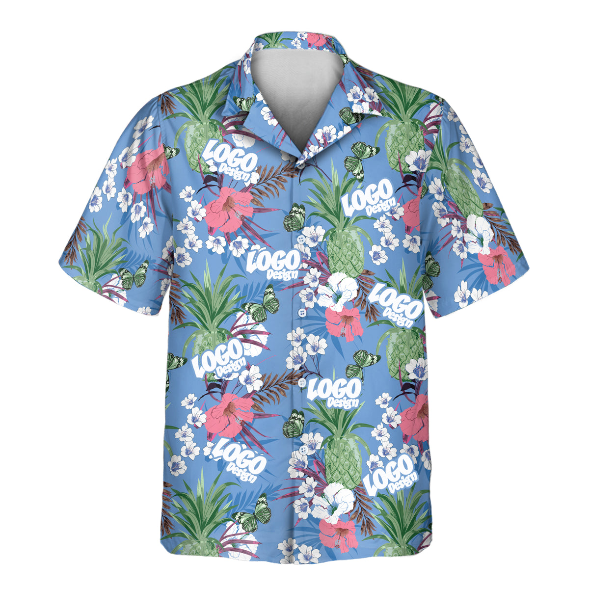 Aloha Bloom custom Aloha shirt featuring green pineapples, pink and white tropical flowers, delicate butterflies, and leafy accents on a bright blue background.