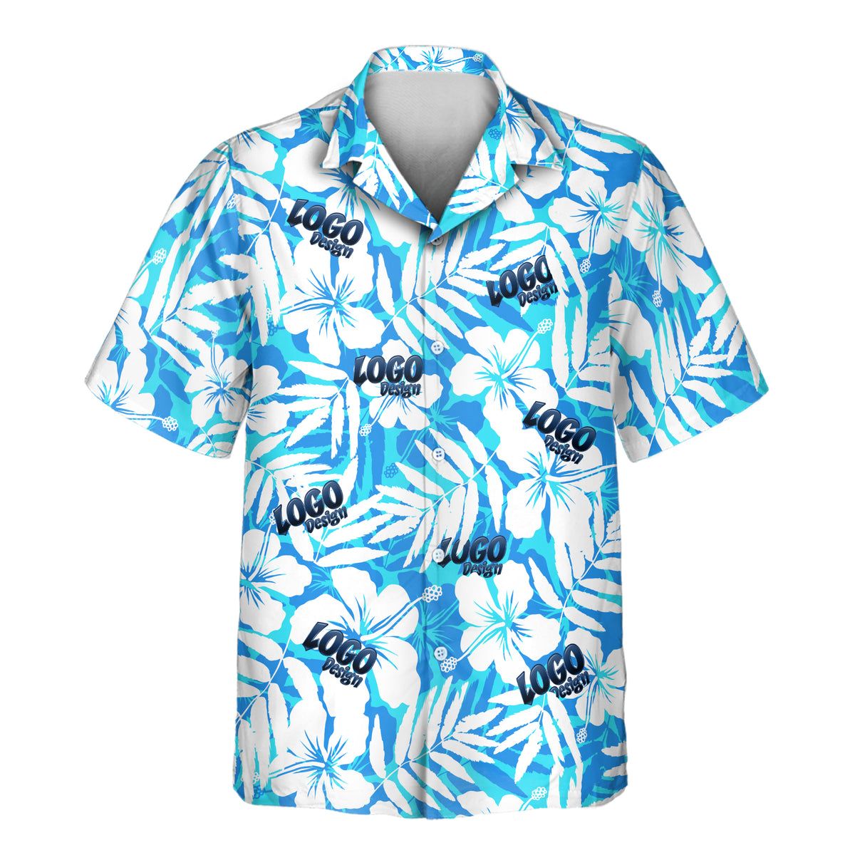 Blue Hibiscus Breeze custom Aloha shirt featuring white hibiscus flowers and tropical leaves in vibrant blue and aqua tones.