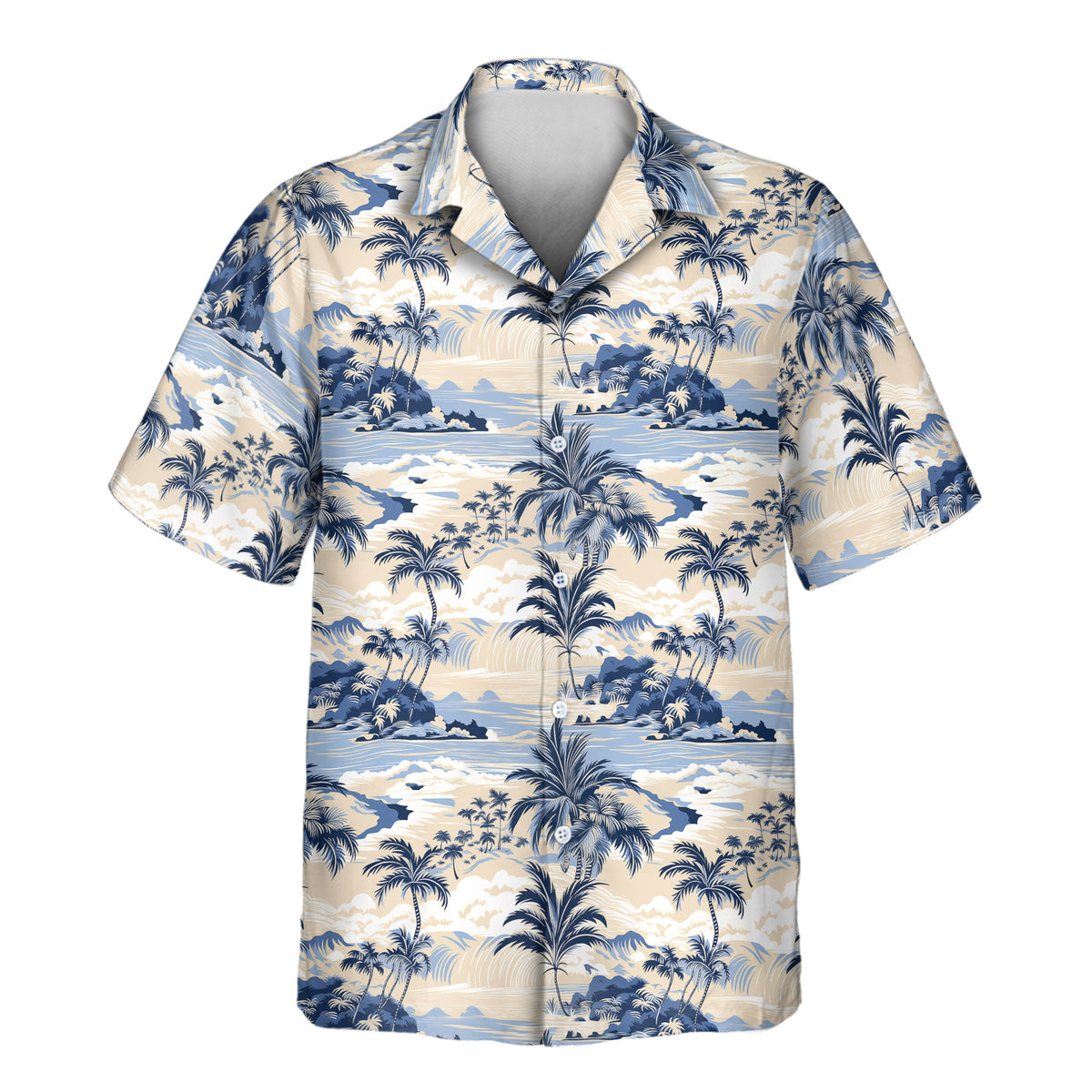 Custom Hawaiian shirt with retro-inspired island landscapes, swaying palm trees, ocean waves, and tropical scenery in classic navy, light blue, and ivory shades.