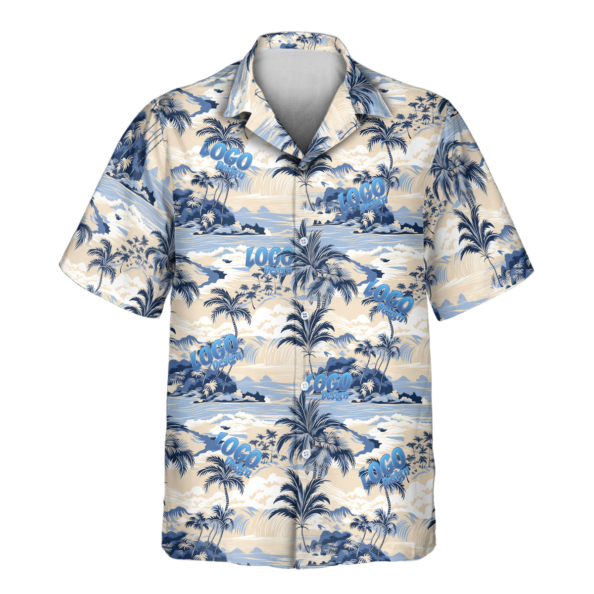Nostalgic Tropical Paradise custom Aloha shirt featuring vintage palm trees, rolling ocean waves, tropical islands, and coastal scenery in soft blue and cream tones.