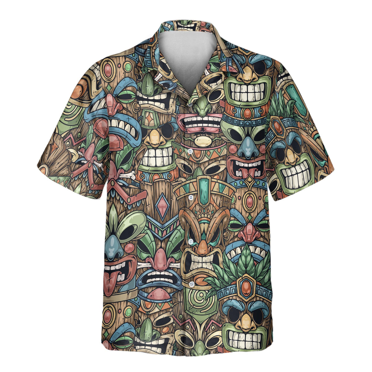 Tiki Island Vibes custom Aloha shirt featuring a colorful repeating pattern of tiki faces, tropical foliage, carved wood textures, and island-inspired details.