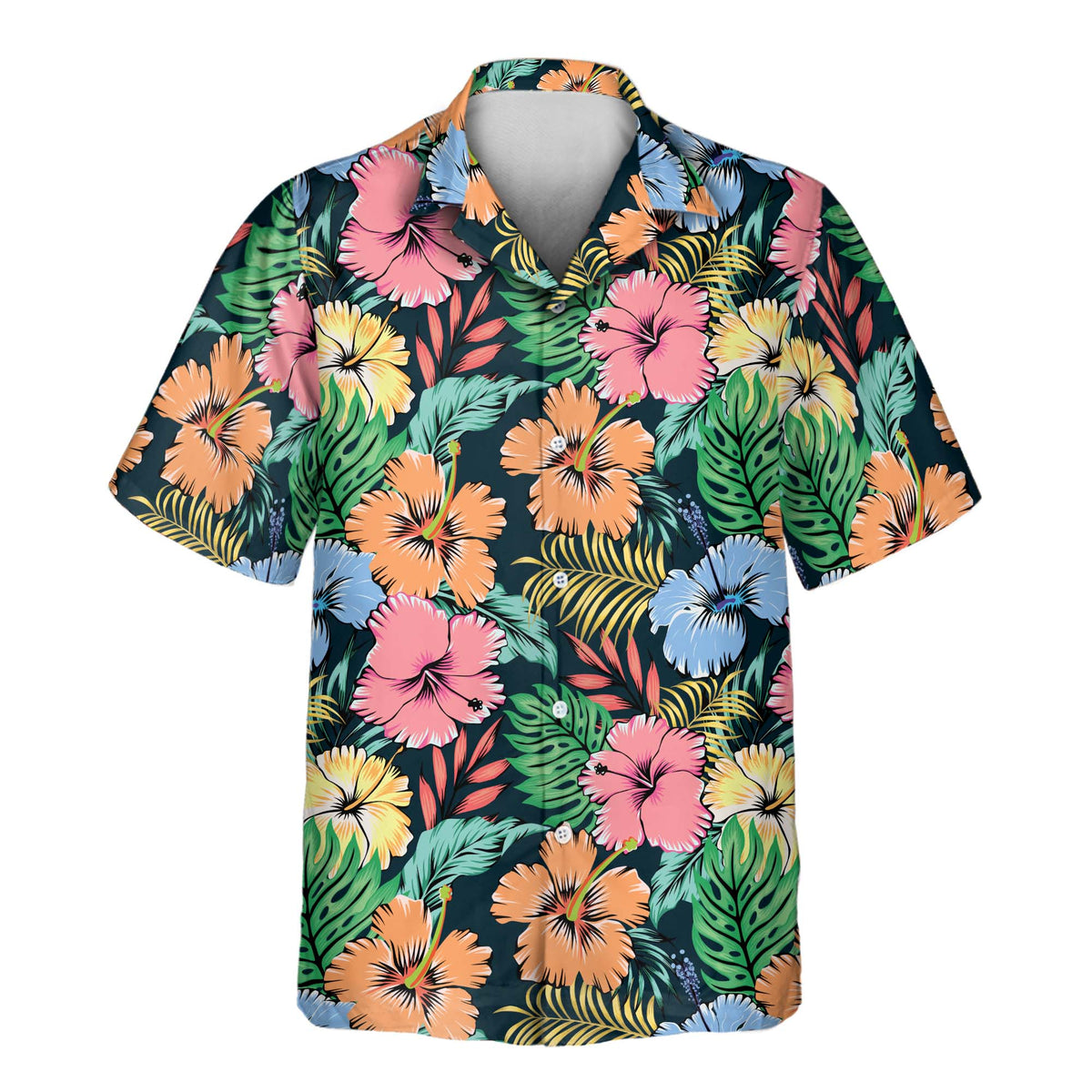 Short-sleeve button-up shirt with a dark background featuring a vibrant pattern of pink, peach, yellow, and light blue hibiscus flowers with green tropical leaves.