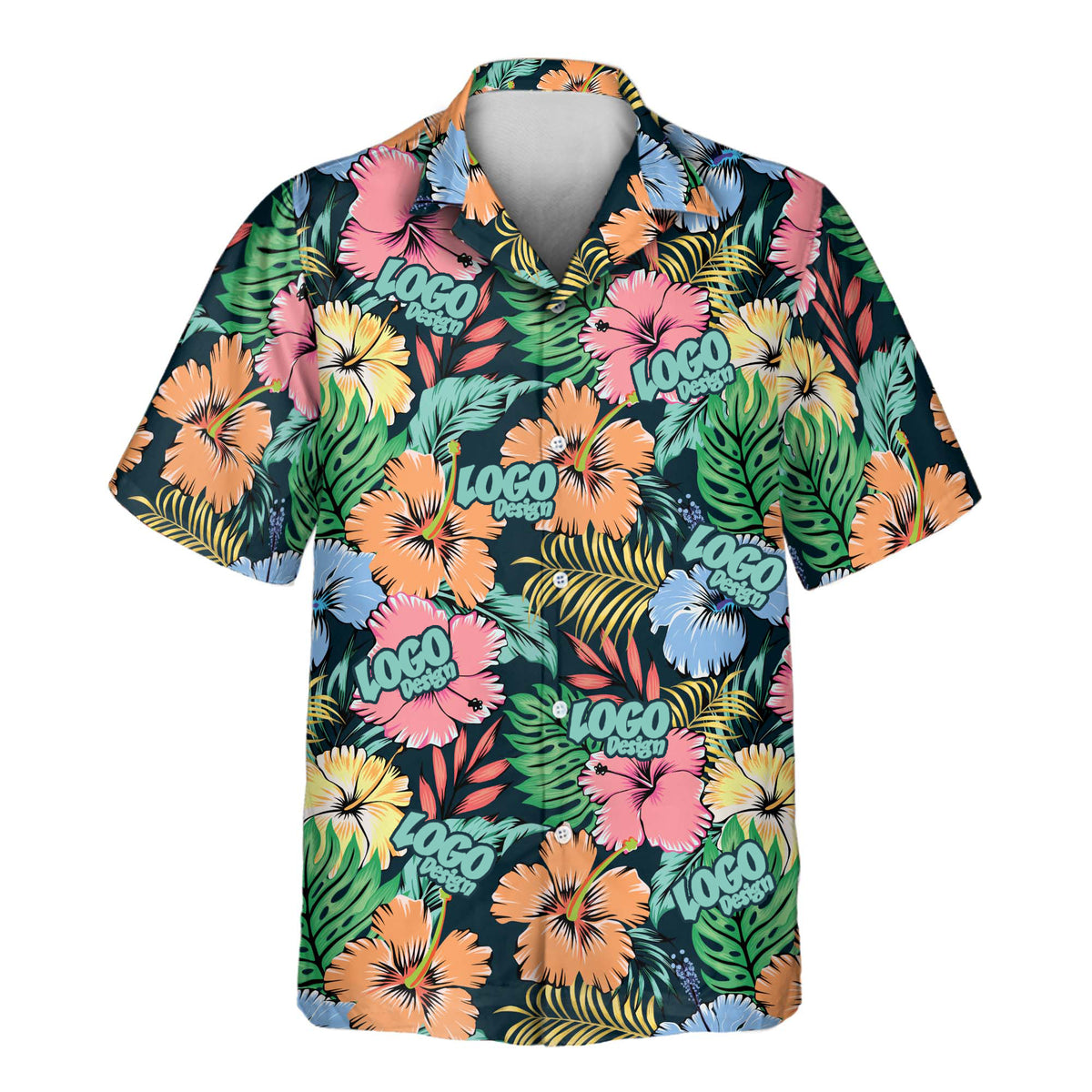 A short-sleeved, button-up Aloha shirt features a dark tropical floral print against a dark teal background. The pattern includes large pink, orange, yellow, and small blue hibiscus flowers, as well as green foliage and palm fronds. Scattered throughout the print is a repeating dark text logo that reads "LOGO Design". 