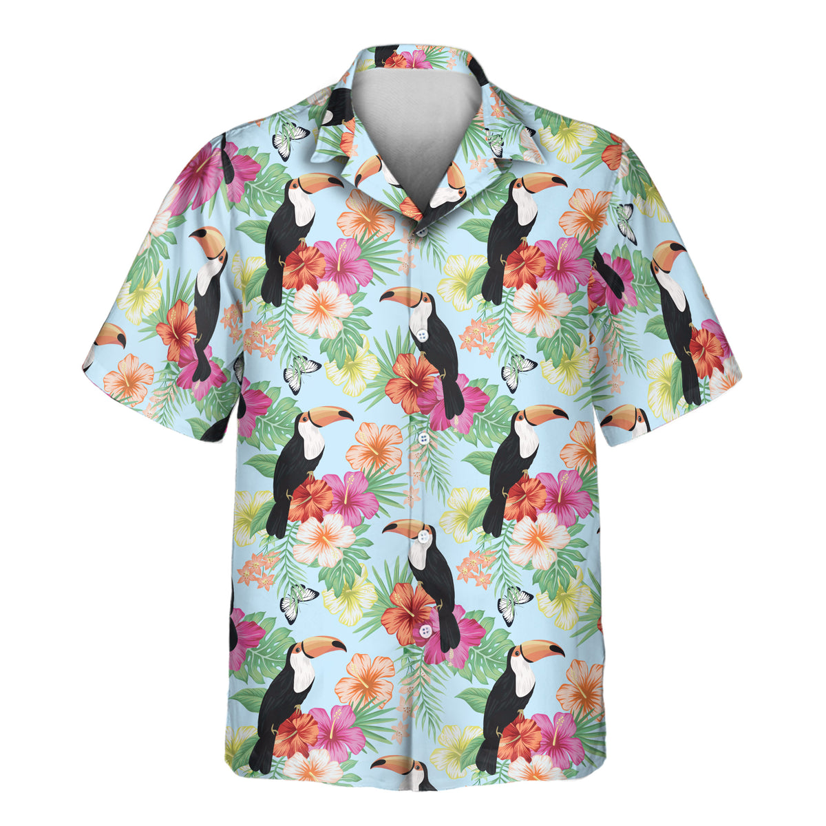 Short-sleeve light blue button-down shirt featuring an all-over pattern of black toucans, colorful pink and orange hibiscus flowers, green leaves, and butterflies.
