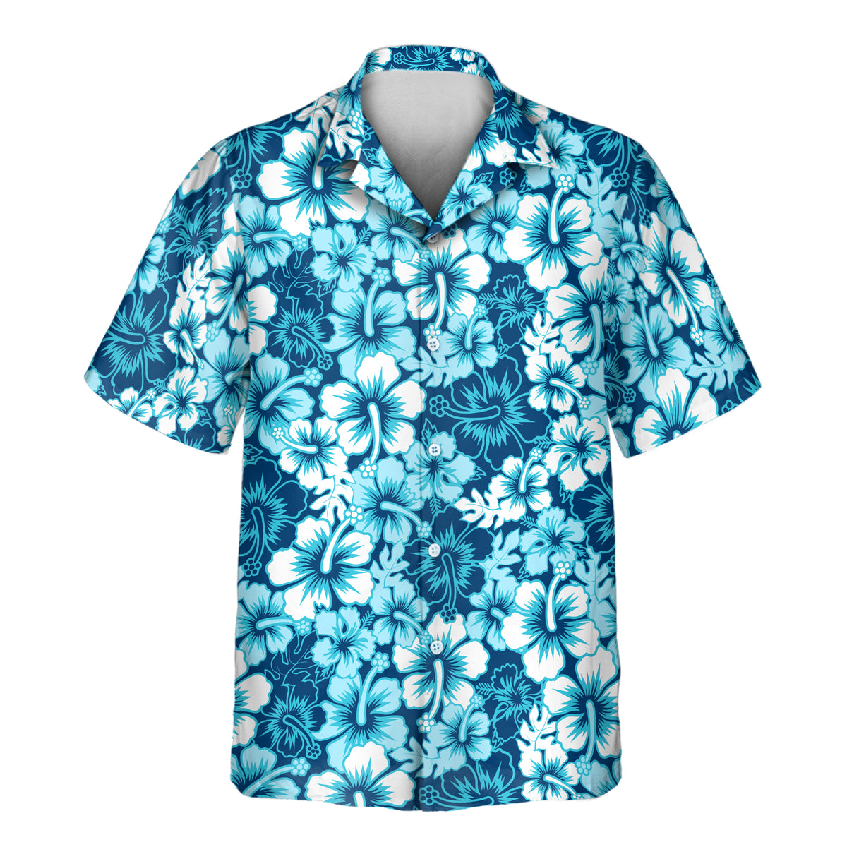 Short-sleeve royal blue Aloha shirt featuring a vibrant blue and white tropical hibiscus pattern.