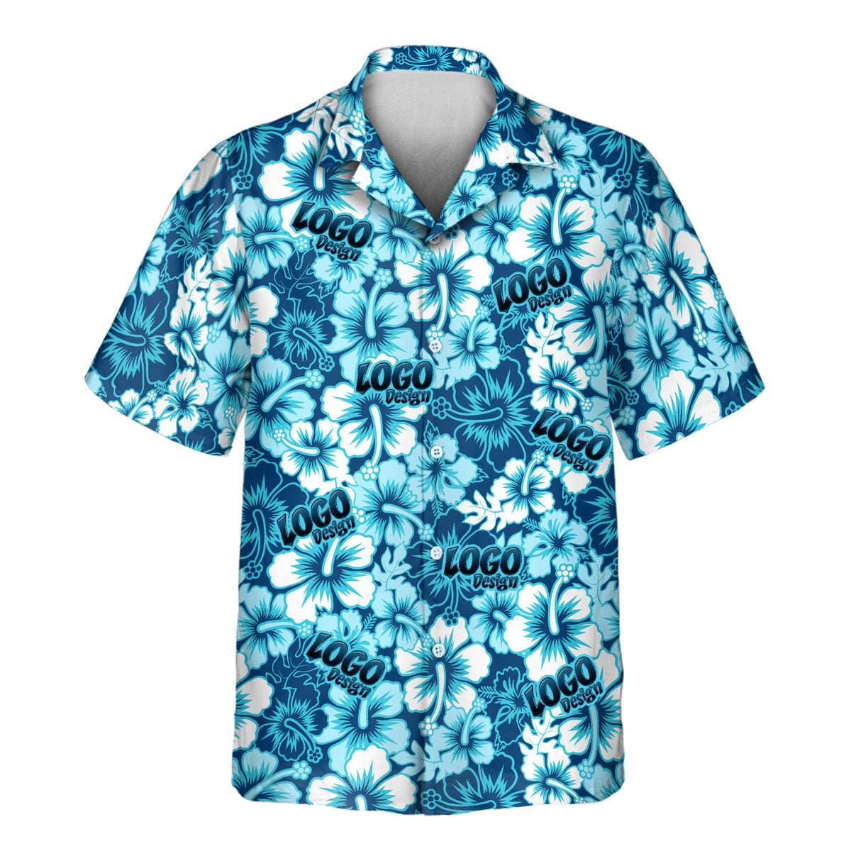 A ghost mannequin product view of a short-sleeve button-up Hawaiian shirt, featuring a repeated blue and white hibiscus floral and leaf pattern. The text "LOGO Design" is printed in blue and repeated across the fabric.