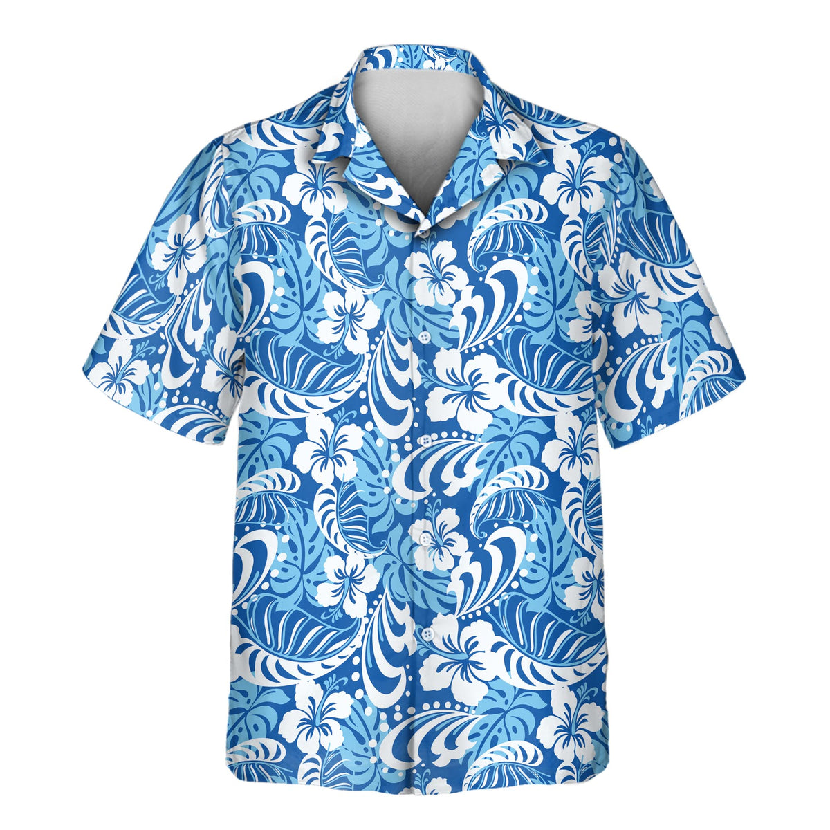 Royal blue tropical aloha shirt with white hibiscus flowers, leaves, and wave-inspired patterns.