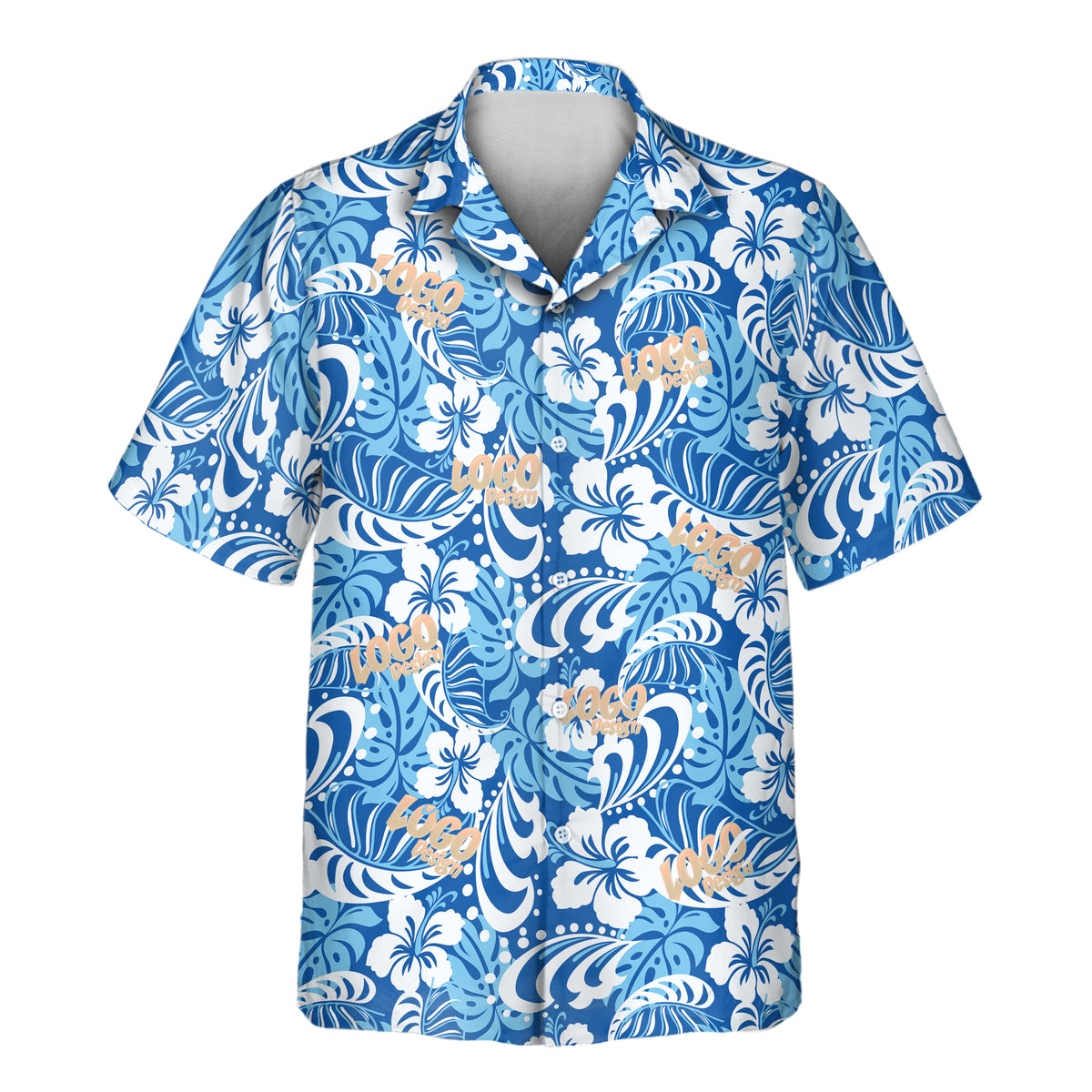 Royal blue tropical aloha shirt with white hibiscus flowers, leafy patterns, and repeated custom logo designs.