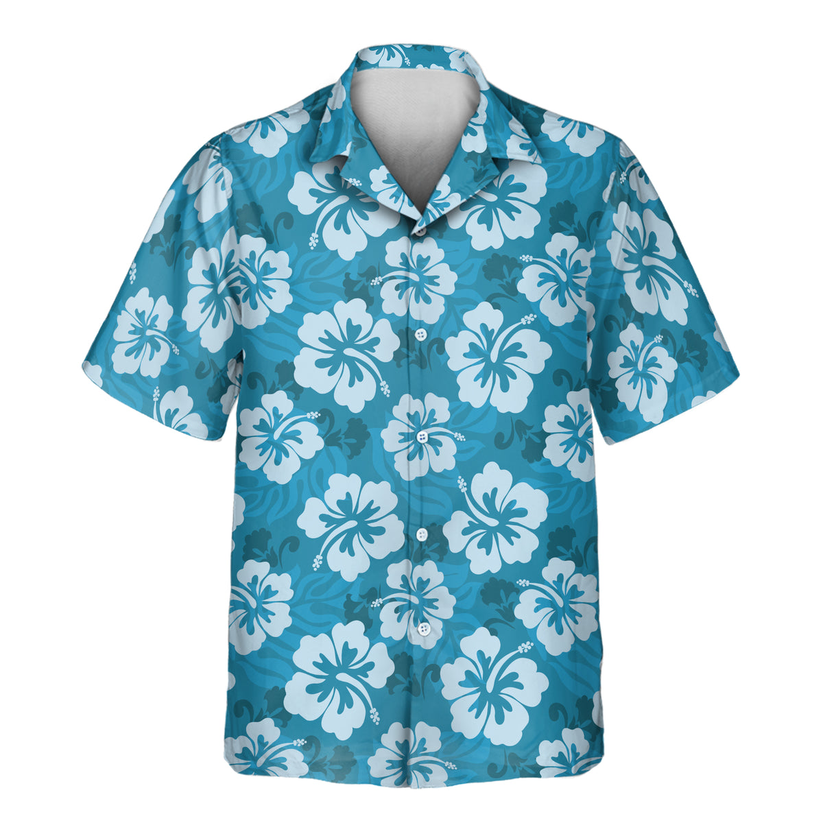 Hibiscus Island Dreams custom Aloha shirt featuring large white hibiscus flowers and layered blue tropical foliage on a bright blue background.