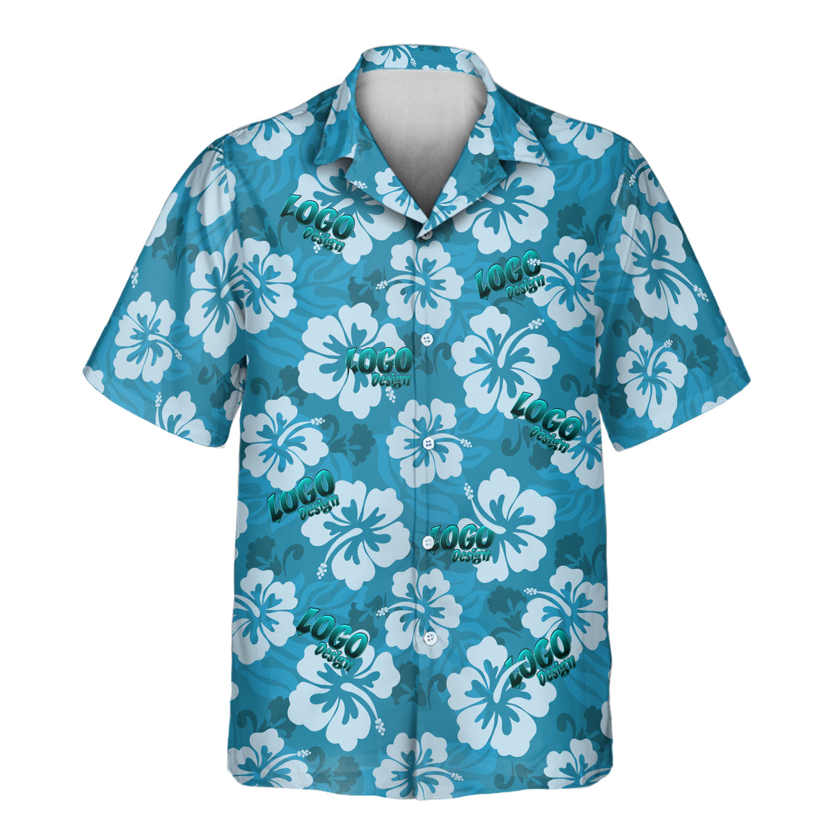 Turquoise blue Aloha shirt with white hibiscus flowers, tropical leaf patterns, and repeated custom logo designs.