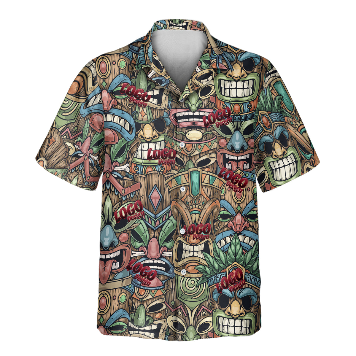 Tiki Island Vibes custom Aloha shirt featuring a colorful repeating pattern of tiki faces, tropical foliage, carved wood textures, and island-inspired details.