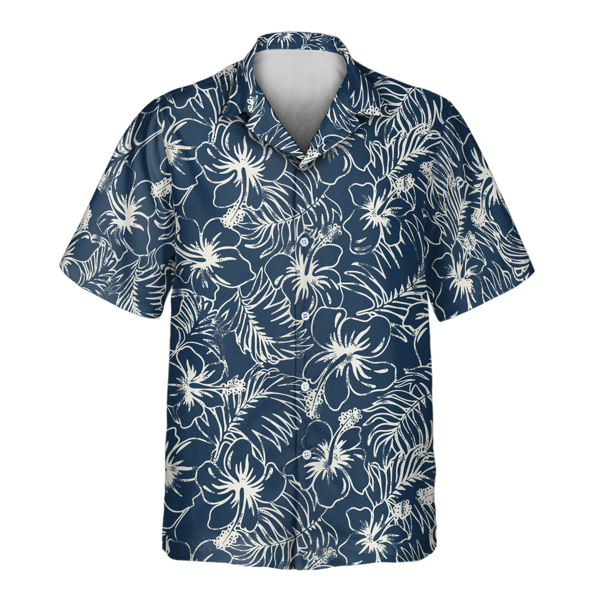 Navy Hibiscus Paradise custom Aloha shirt featuring a bold white hibiscus and tropical foliage pattern on a navy blue background.
