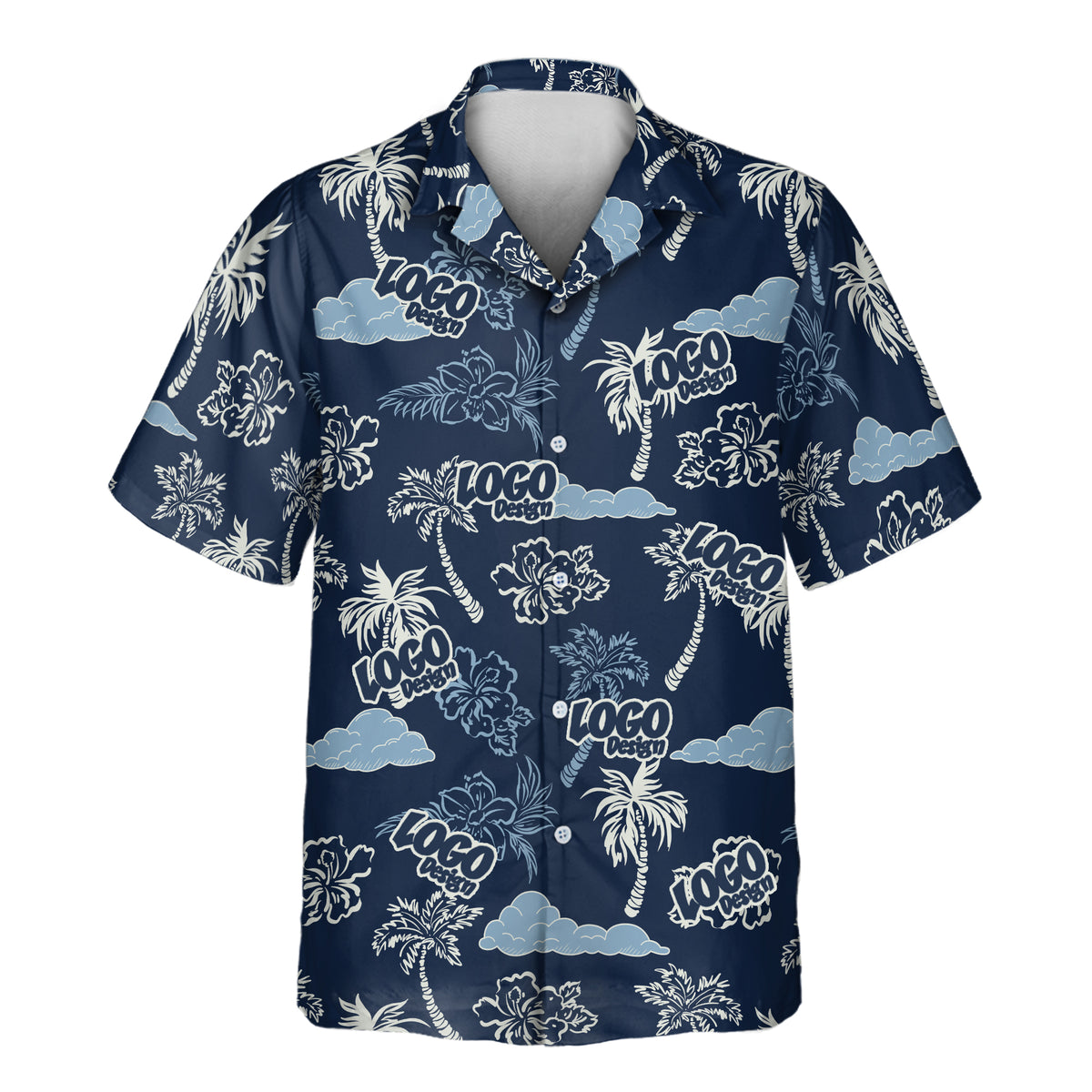 Coconut Palm Delight custom Aloha shirt featuring repeated white “LOGO Design” placements over coconut palm trees, hibiscus flowers, and tropical clouds in cream and light blue on a navy background.