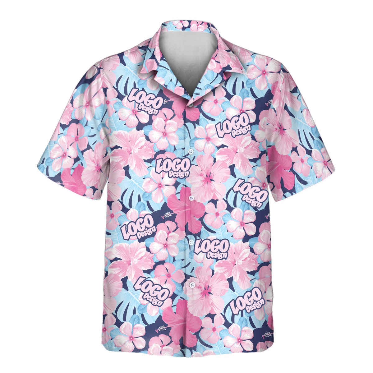 Tropical Floral Escape custom Aloha shirt featuring repeated white “LOGO Design” placements over pink hibiscus flowers and blue tropical leaves on a navy background.