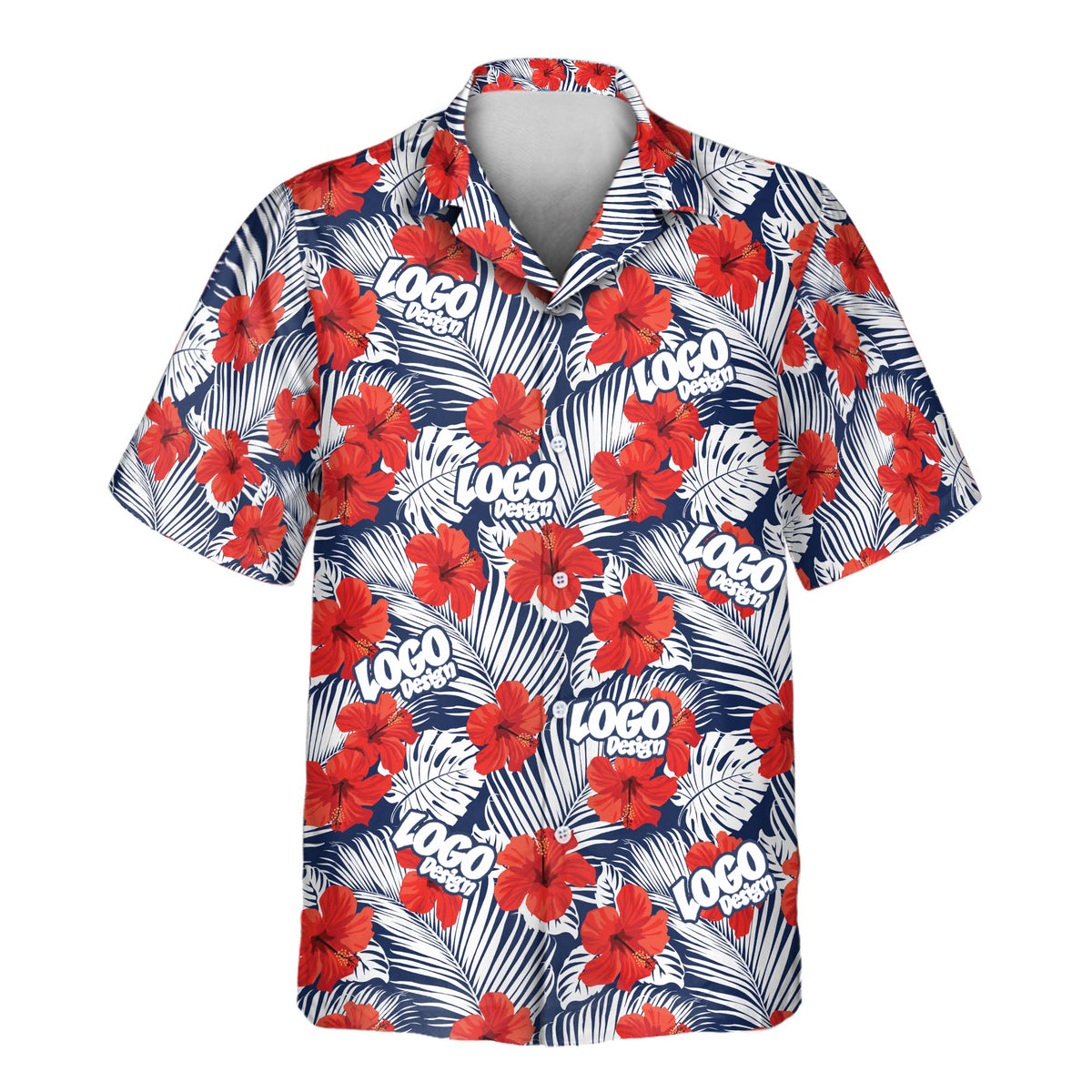 Red Hibiscus Tropics custom Aloha shirt featuring repeated white “LOGO Design” placements over vibrant red hibiscus flowers and navy-and-white tropical leaf patterns.