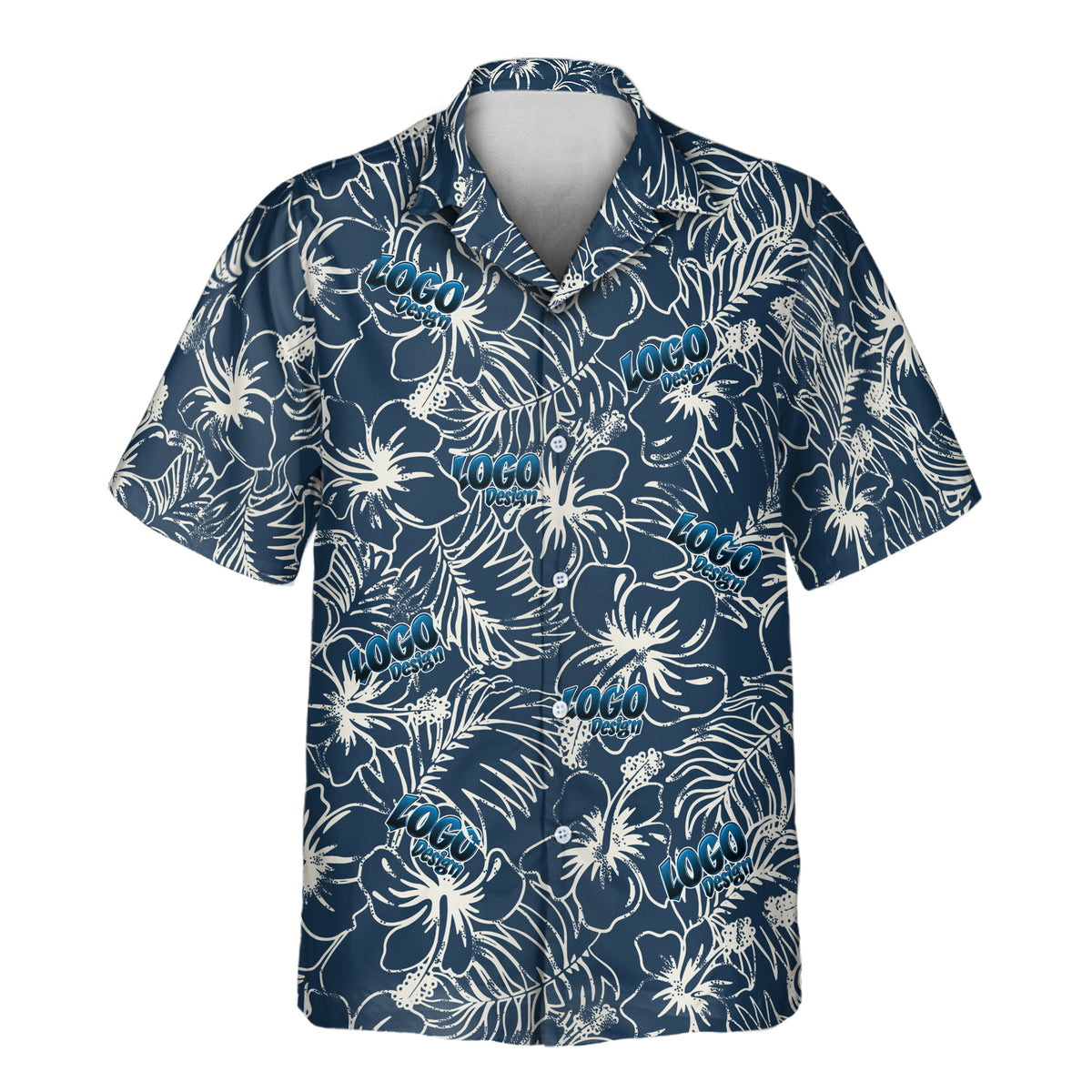 Navy Hibiscus Paradise custom Aloha shirt featuring a bold white hibiscus and tropical foliage pattern on a navy blue background.