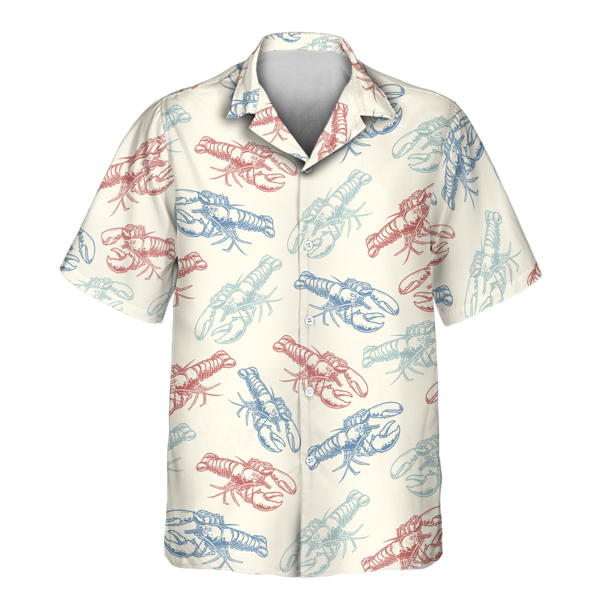 Lobster Fest custom Aloha shirt featuring a repeating pattern of red, blue, and aqua lobster illustrations on a cream background.