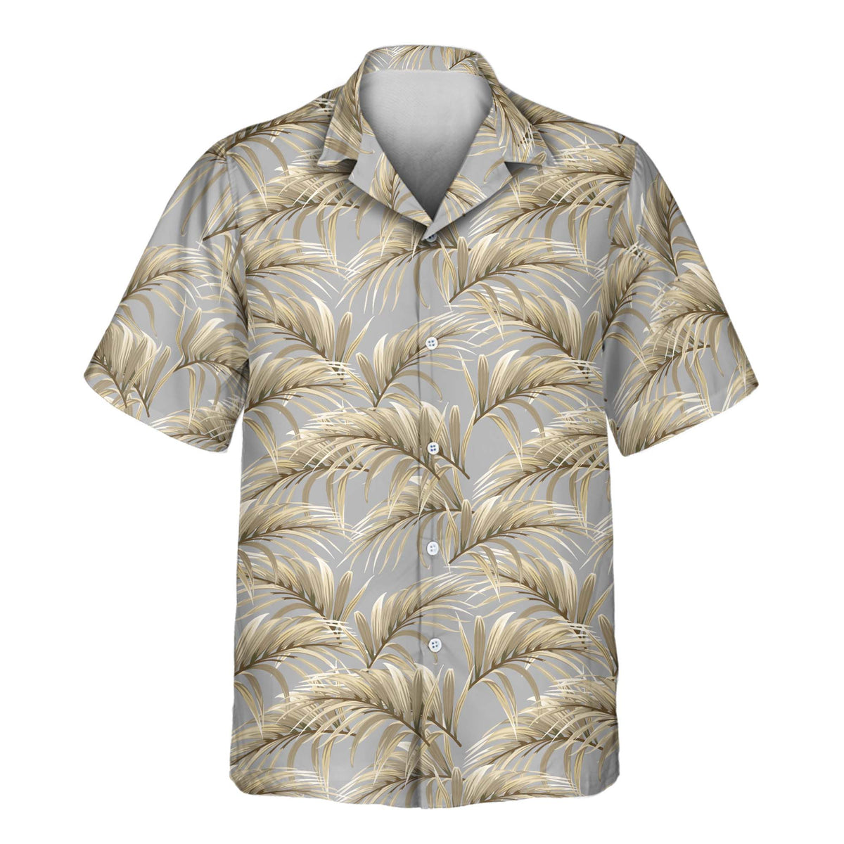 Golden Palm Leaves custom Aloha shirt featuring flowing golden and cream palm leaves on a soft gray background.