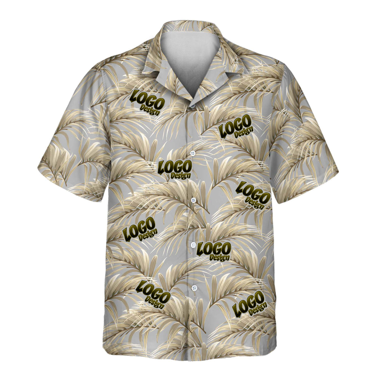 Golden Palm Leaves custom Aloha shirt featuring repeated black-and-gold “LOGO Design” placements over a gray tropical palm leaf pattern.