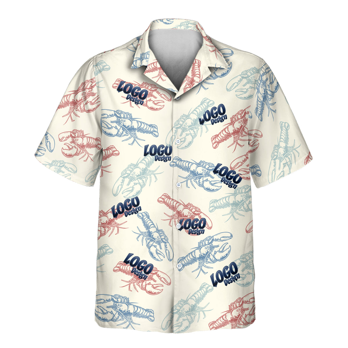 Lobster Fest custom Aloha shirt featuring a repeating pattern of red, blue, and aqua lobster illustrations on a cream background.