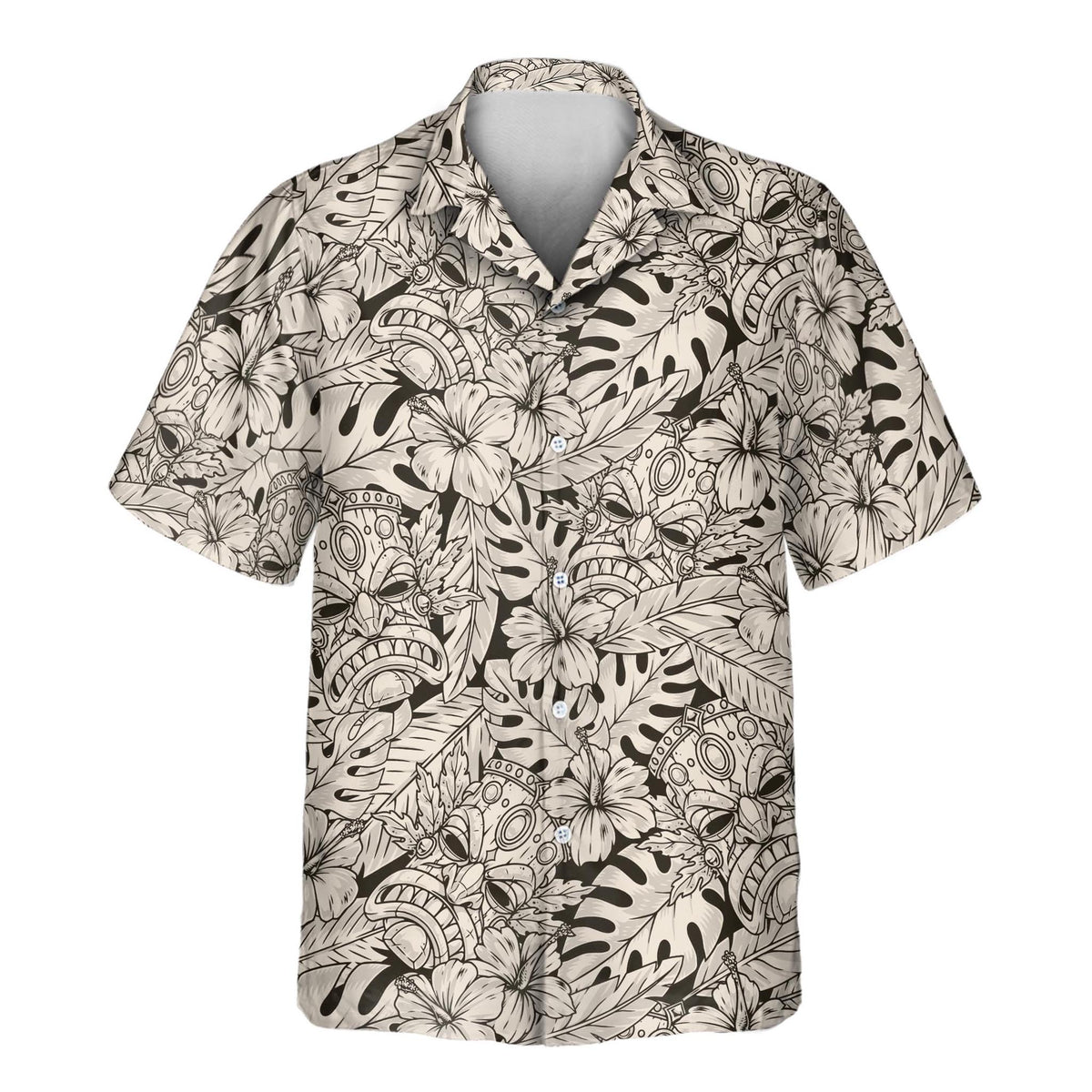 A short-sleeve button-up camp shirt with an all-over black tropical floral and leaf print on a warm beige background, shown against a plain white background.