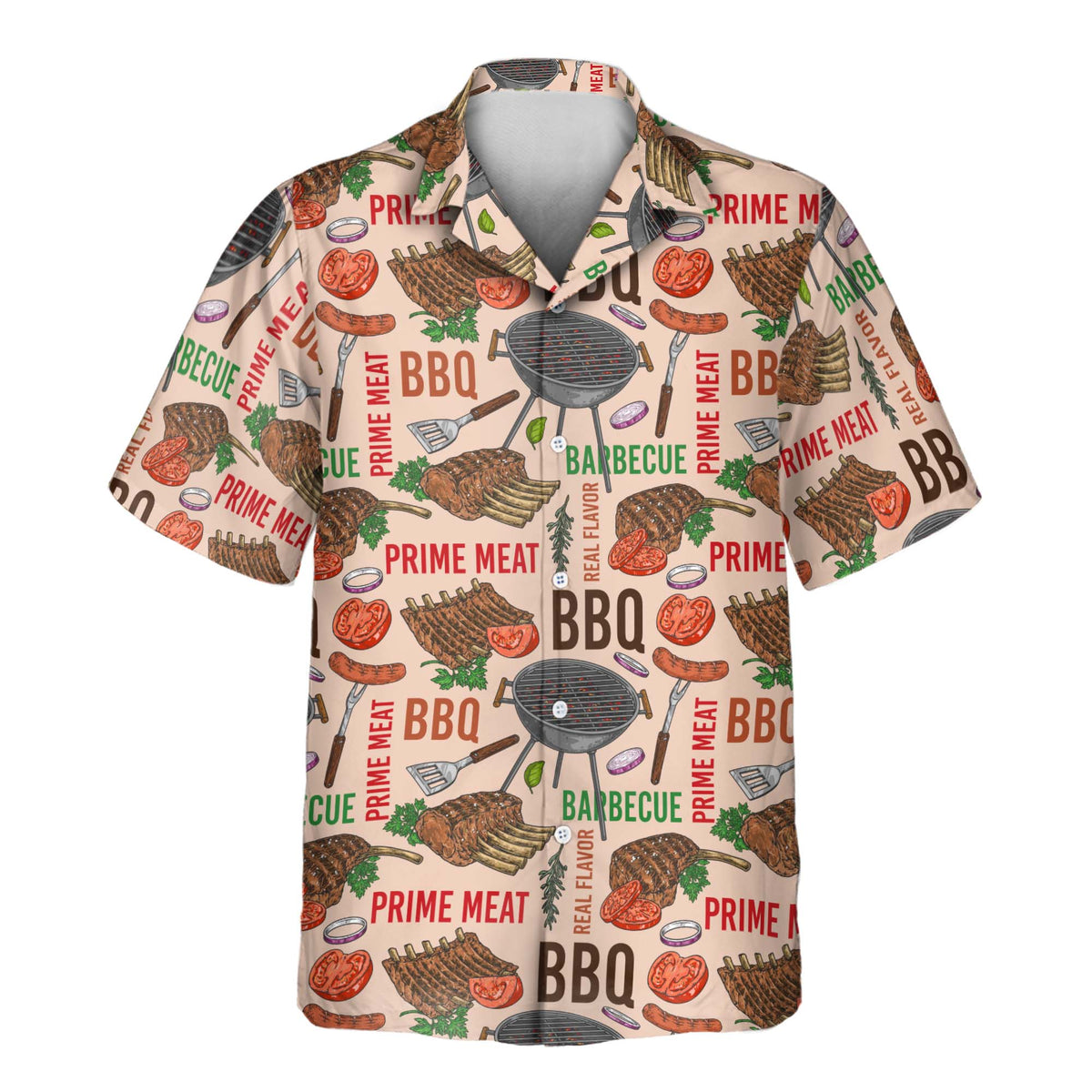 Barbecue Time custom Aloha shirt featuring grilled meats, barbecue grills, cooking utensils, tomatoes, and BBQ lettering on a cream background.