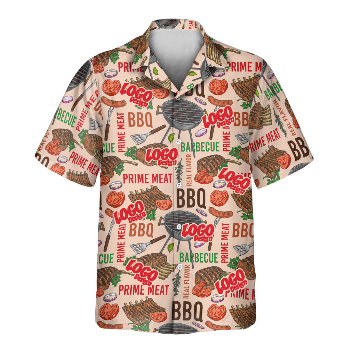 Red “LOGO Design” branding repeated across a cream-colored custom Aloha shirt featuring grilled meats, BBQ grills, utensils, tomatoes, and barbecue-themed lettering.
