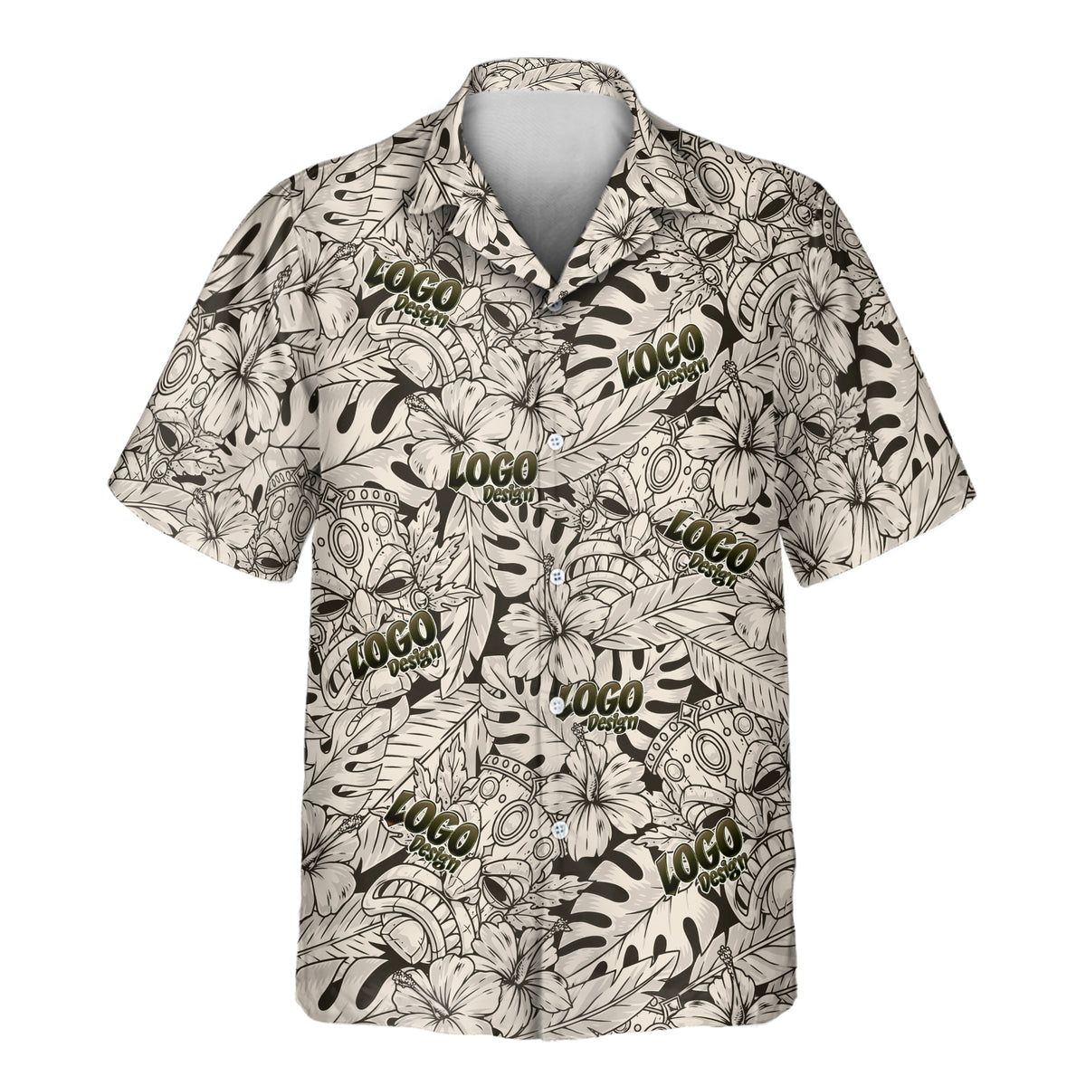 A short-sleeve button-up camp shirt with an all-over black and white tropical floral and leaf print, featuring repeated 'LOGO PRINTABLE' text graphics, shown on a plain white background.