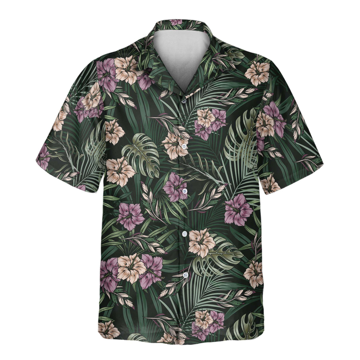 Vintage Tropical Natural custom Aloha shirt with tropical leaves and pink and beige hibiscus flowers on a dark green background.