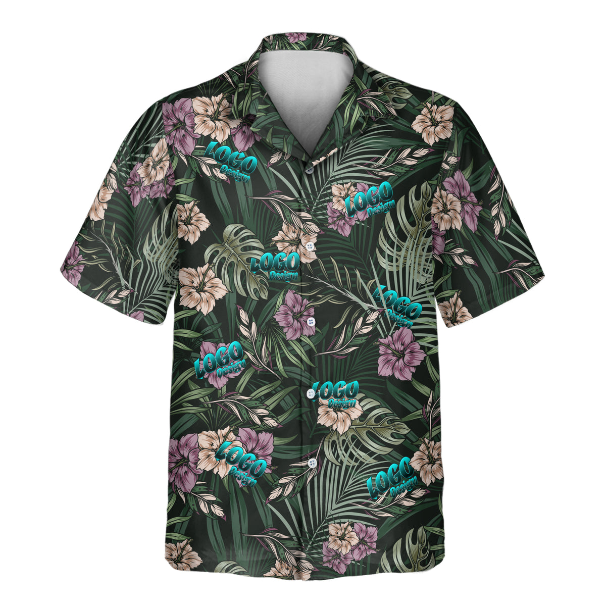 A dark green tropical Aloha shirt featuring lush palm leaves and pink and beige hibiscus flowers, decorated with repeated turquoise “LOGO Design” placements across the front.