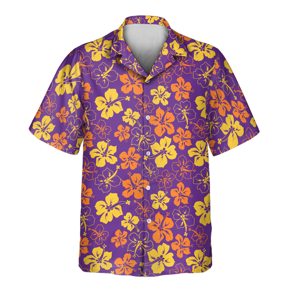 Short-sleeve Aloha shirt featuring bright yellow and orange hibiscus flowers on a rich purple background.