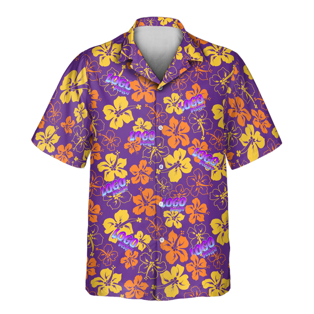 Short-sleeve custom Aloha shirt on a rich purple background featuring bright yellow and orange hibiscus flowers, with repeated purple and pink custom logo placements throughout.