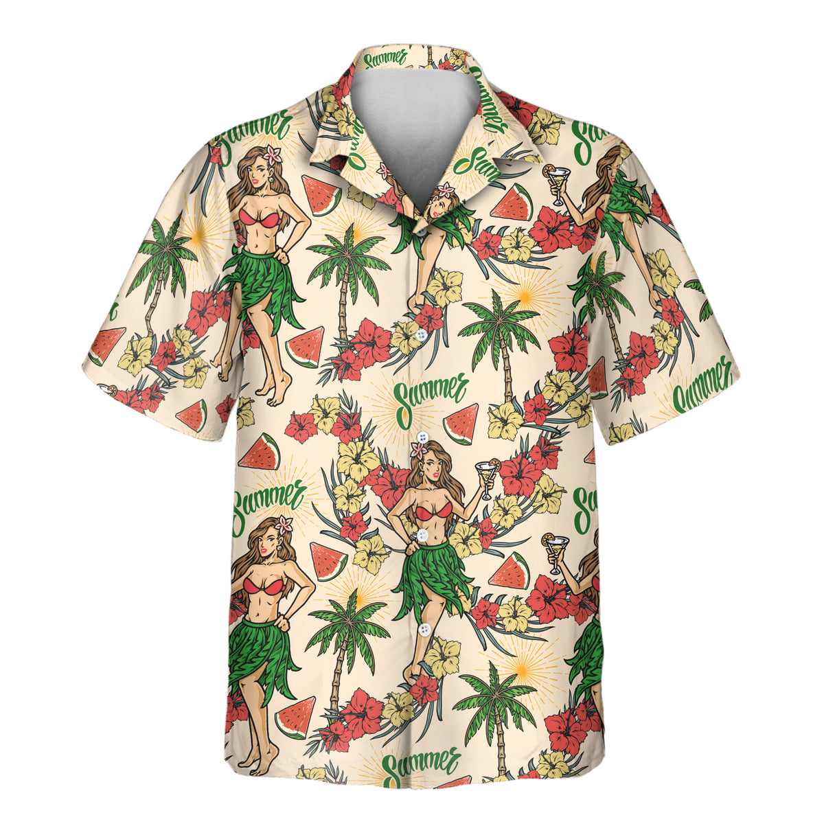 Island Party Vibes custom Aloha shirt with tropical flowers, palm trees, fruit, and island girl pattern