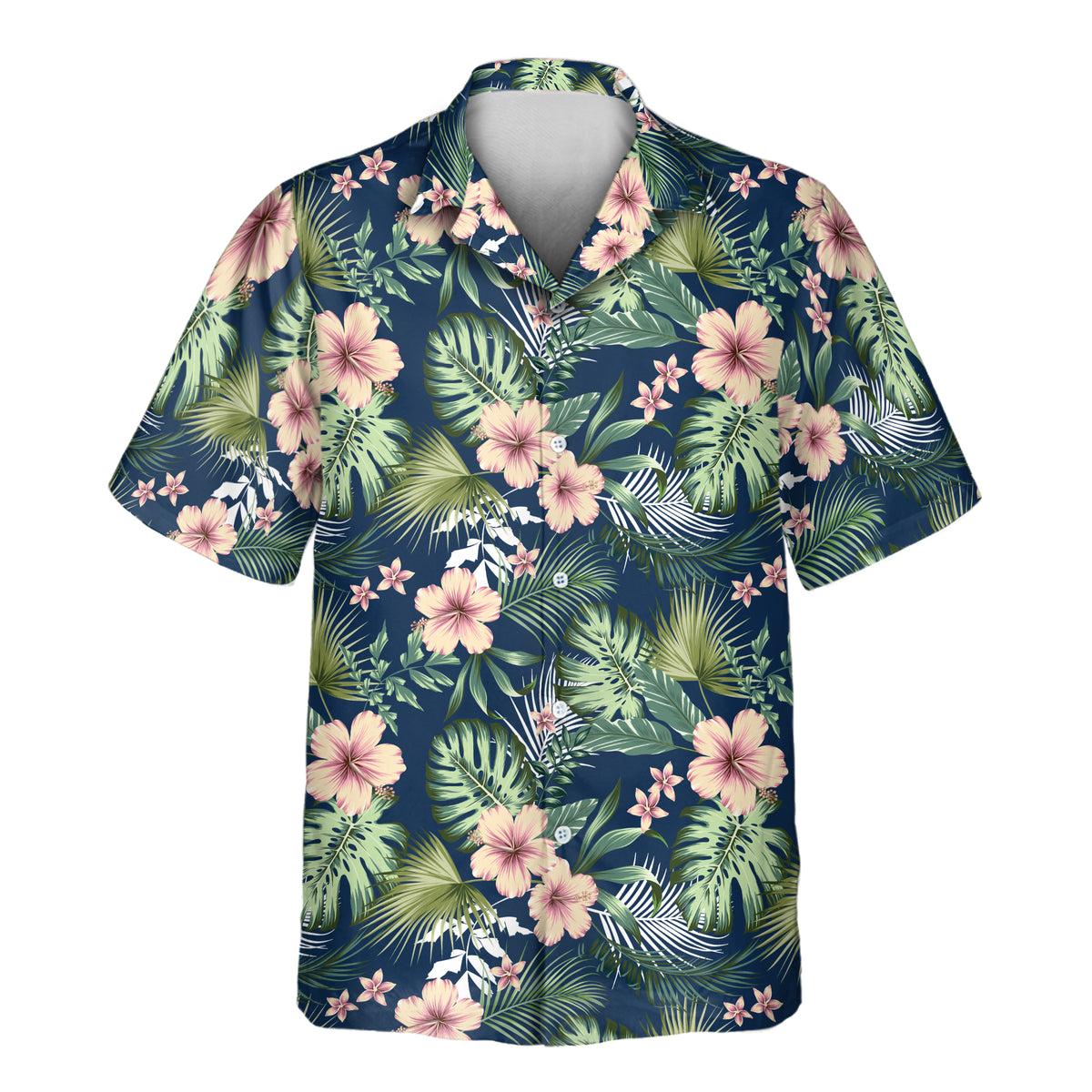Short-sleeve Aloha shirt on a navy blue background featuring soft pink hibiscus flowers, green monstera leaves, and palm fronds.