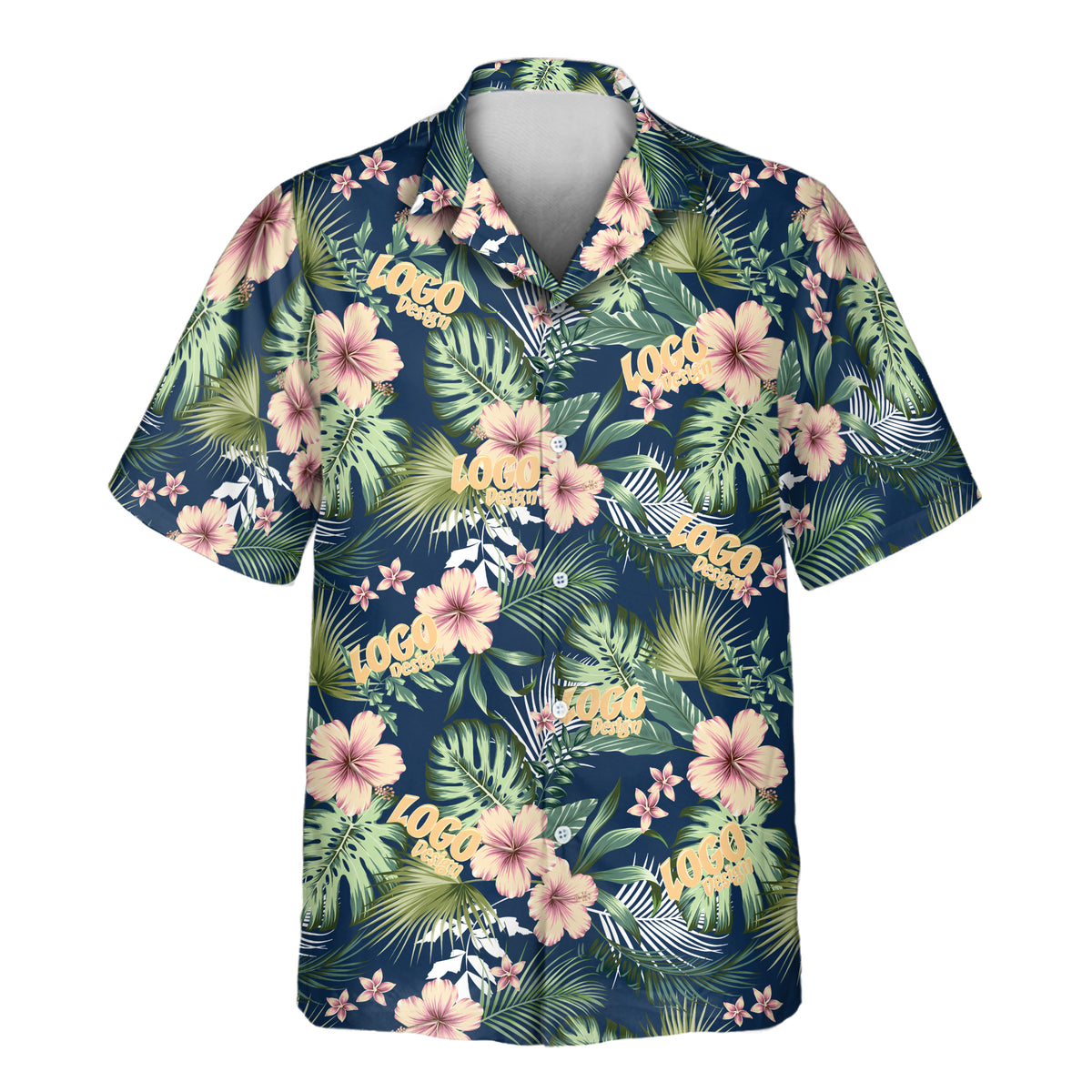 Short-sleeve custom Aloha shirt on a navy blue background featuring soft pink hibiscus flowers, green monstera leaves, palm fronds, and repeated yellow custom logo placements throughout.