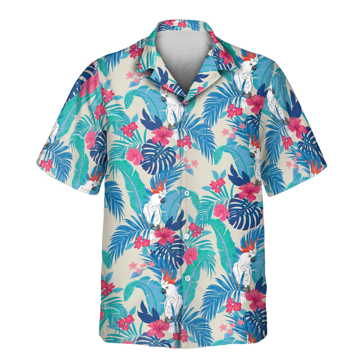 Short-sleeve Aloha shirt featuring white cockatoos, vibrant pink hibiscus flowers, and turquoise palm leaves on a cream background.