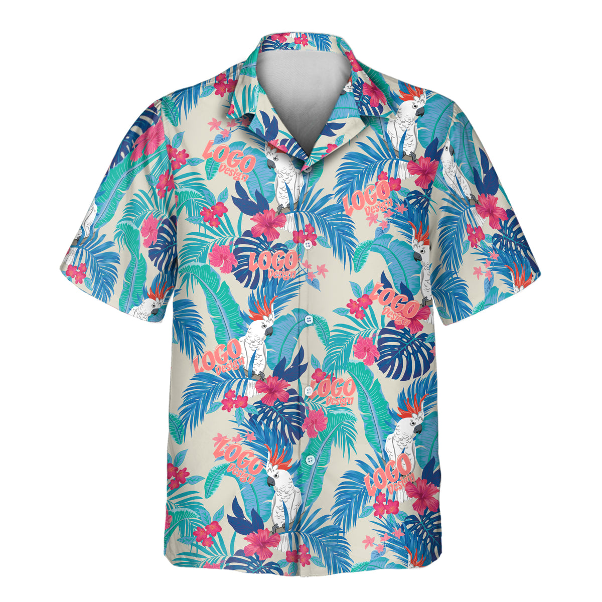 Short-sleeve custom Aloha shirt on a cream background with white cockatoos, pink hibiscus flowers, turquoise tropical palm leaves, and repeated pink custom logo placements throughout.